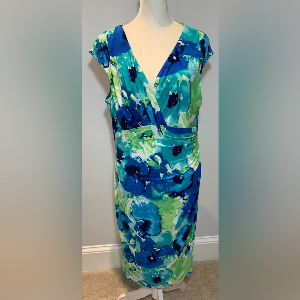 Ralph Lauren A Line Dress Womens Size 16 Green Blue Floral V Neck Slit‎ Pleated